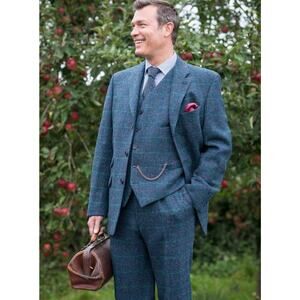 Peter Christian Harris Tweed 3 Piece Suit Marine Blue Plaid 48 Jacket 46/29 Pant
